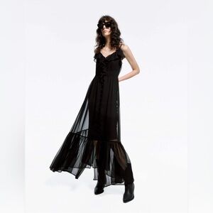 Guess Maxi black chiffon high-low hem Dress ruffle detail sexy size S